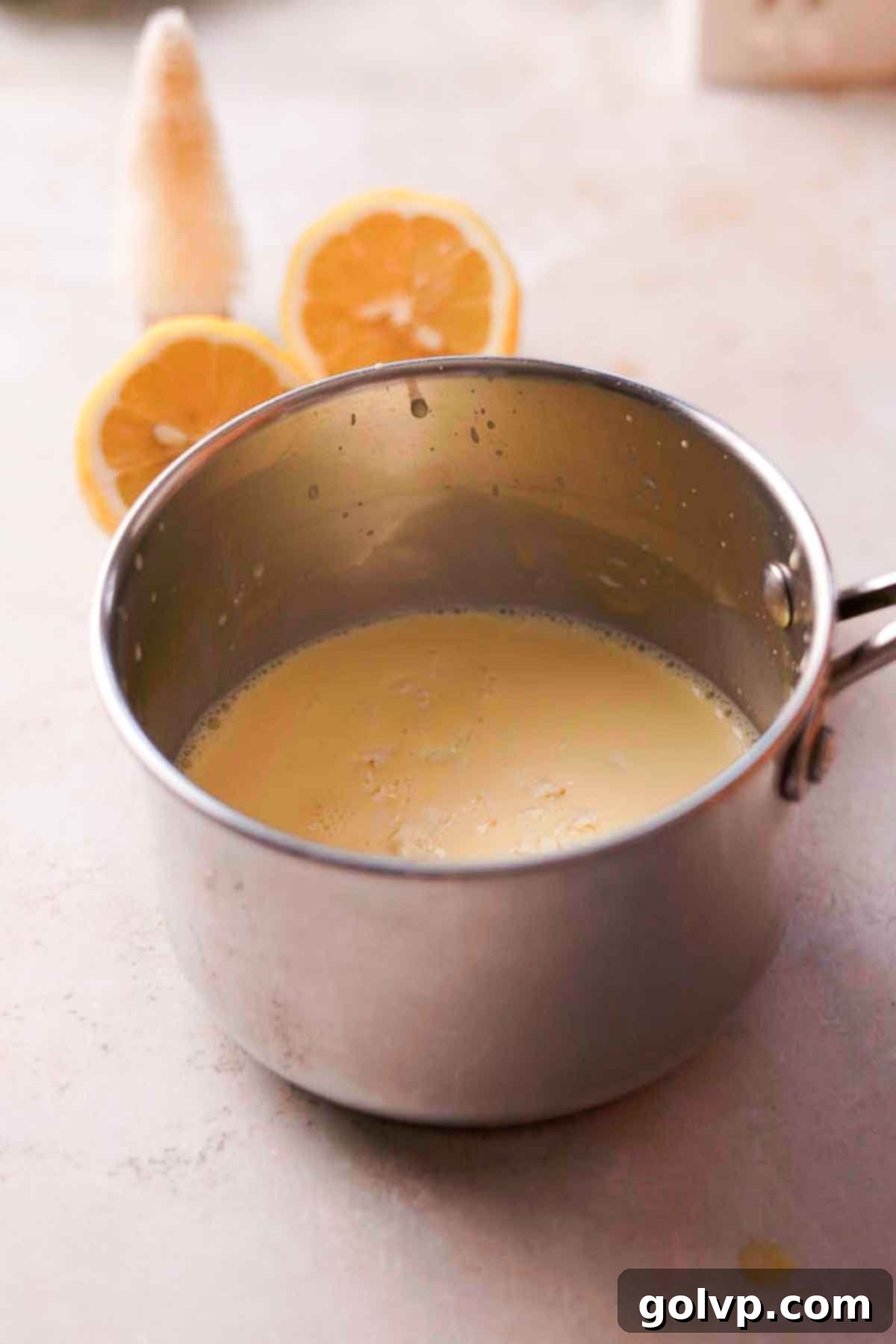 Zesty Meringue White Hot Cocoa Dream 7 lemon meringue white hot chocolate mixture in a saucepan