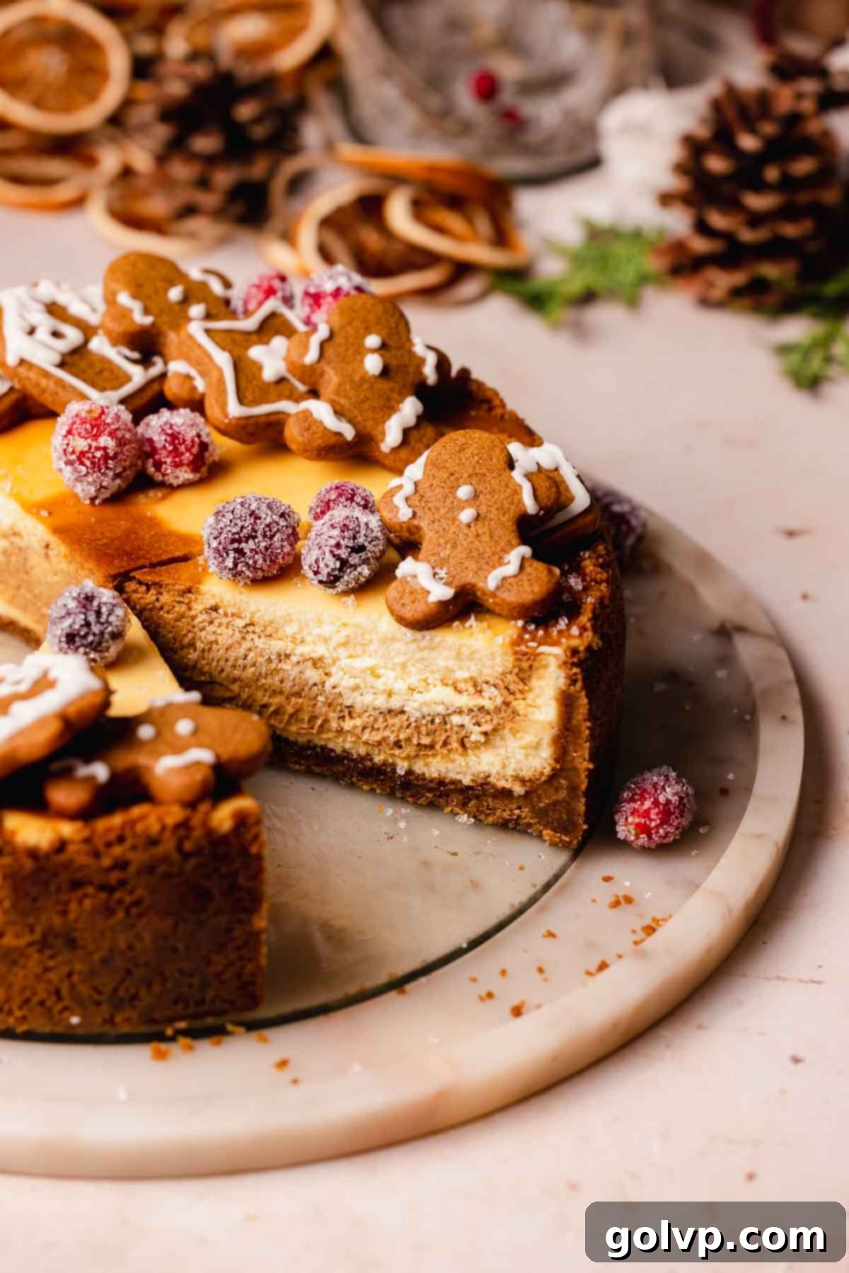 gingerbread cheesecake with slice taken out