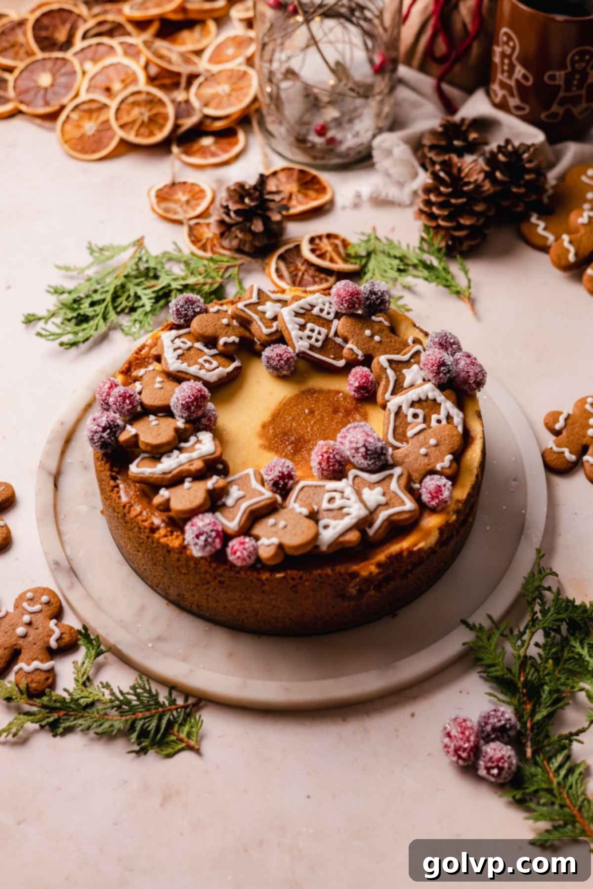 gingerbread cheesecake decorated with gingerbread cookies