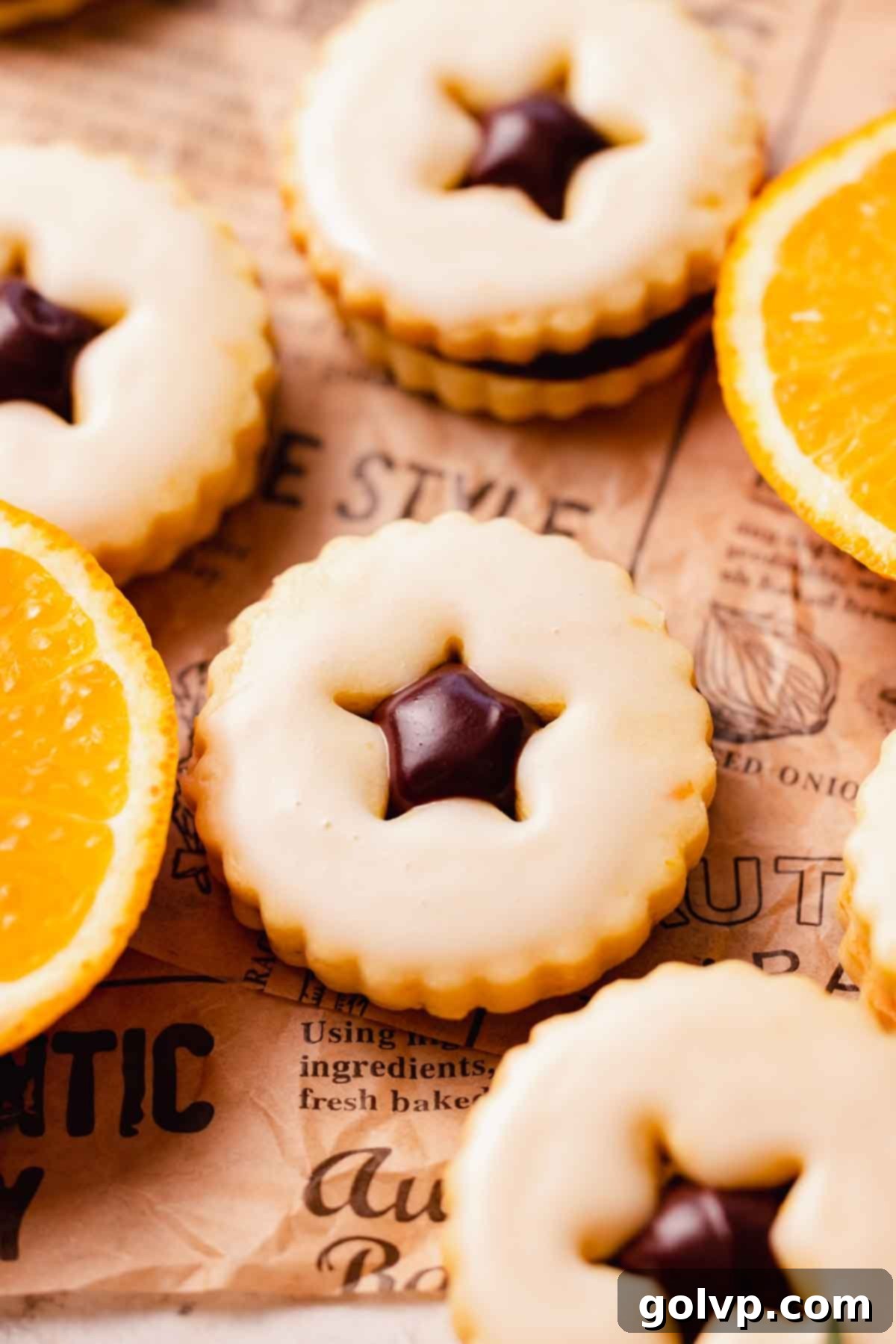 closeup of a chocolate orange shortbread cookie with a bite taken