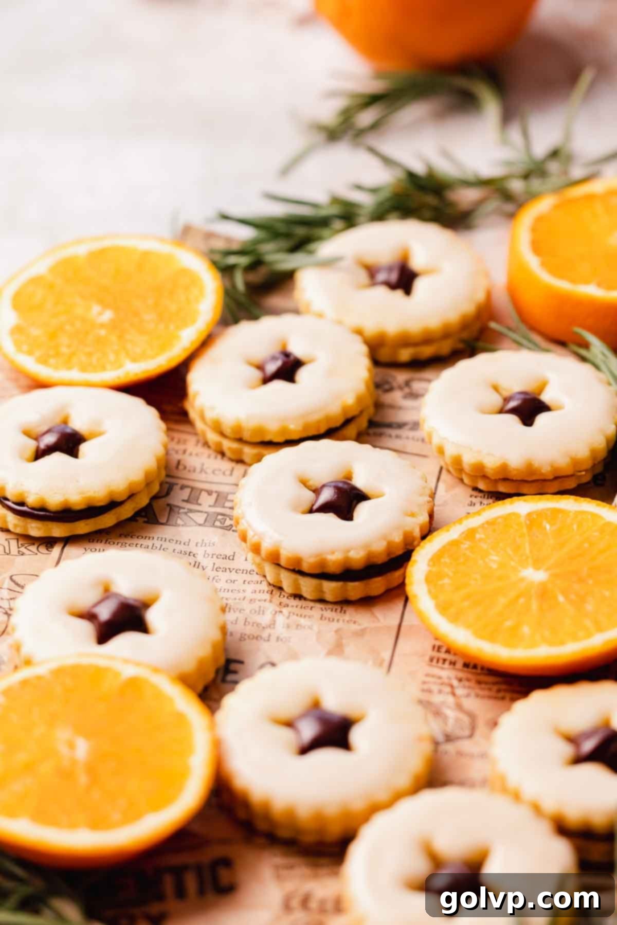 chocolate orange shortbread cookies arranged on parchment paper