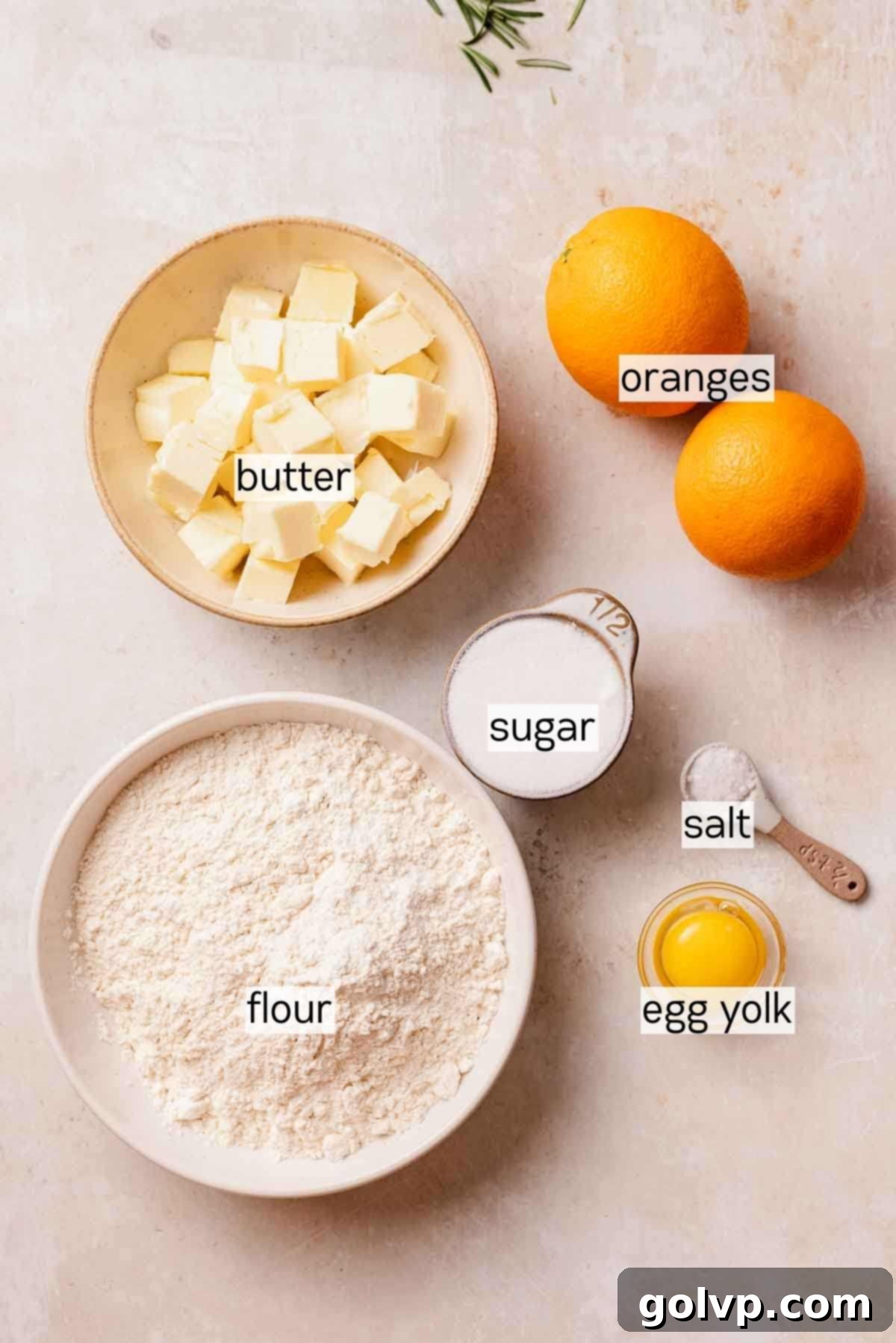 measured out ingredients for orange shortbread cookies, neatly arranged