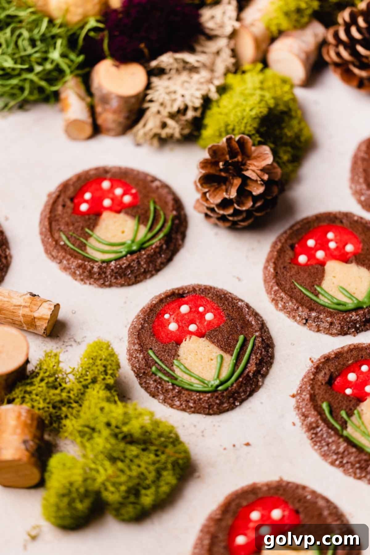 mushroom sugar cookies, thick and soft with a chocolate outside and an adorable mushroom design