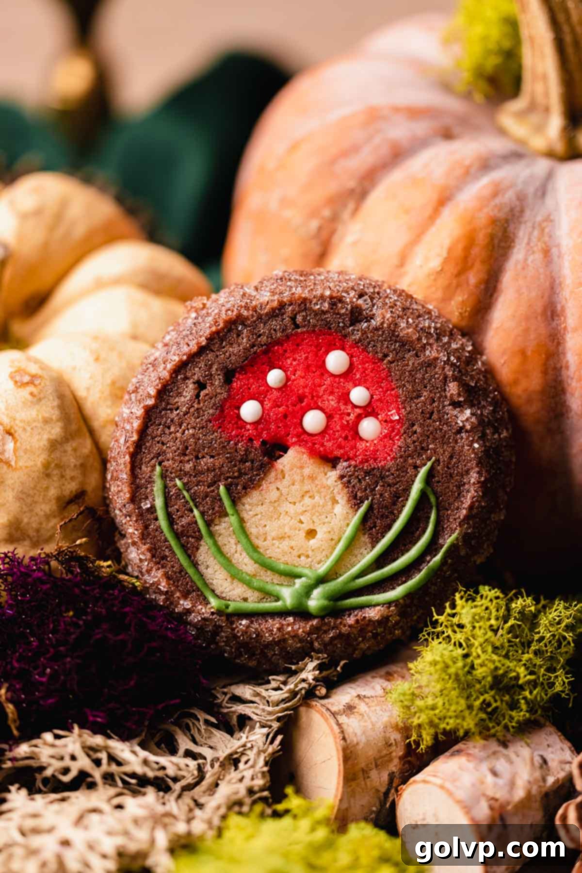 a perfectly baked mushroom sugar cookie on a cooling rack