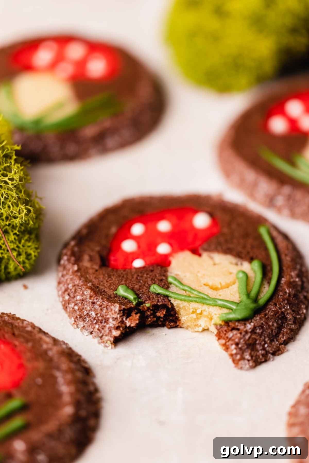 a freshly baked mushroom sugar cookie with a bite taken out, showing the soft interior and chocolate exterior