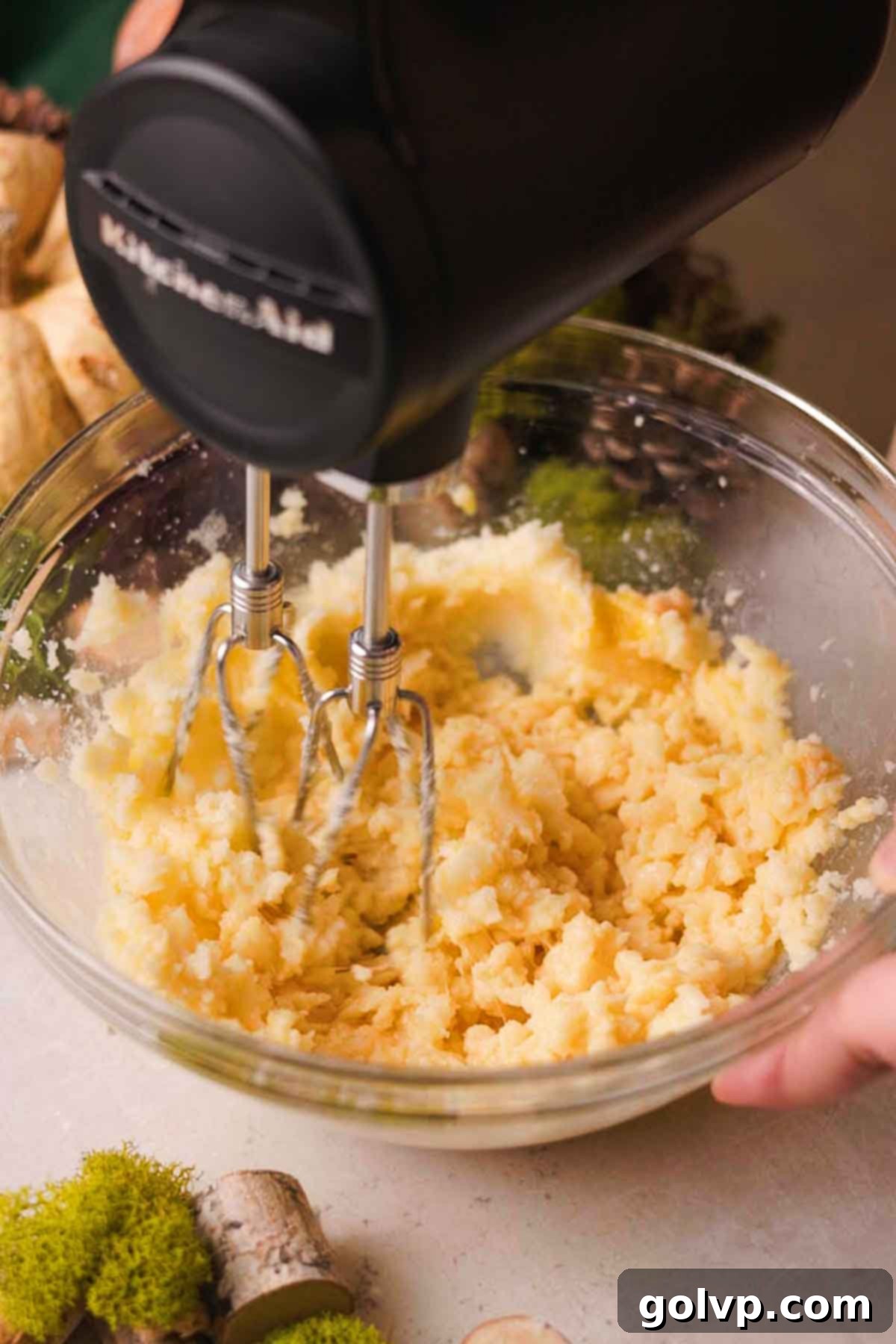 adding egg to mushroom sugar cookie dough, which looks slightly split