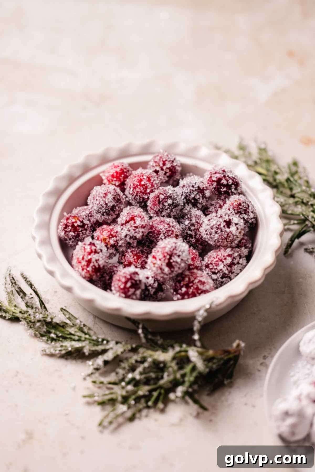sugared cranberries in mini pie plate