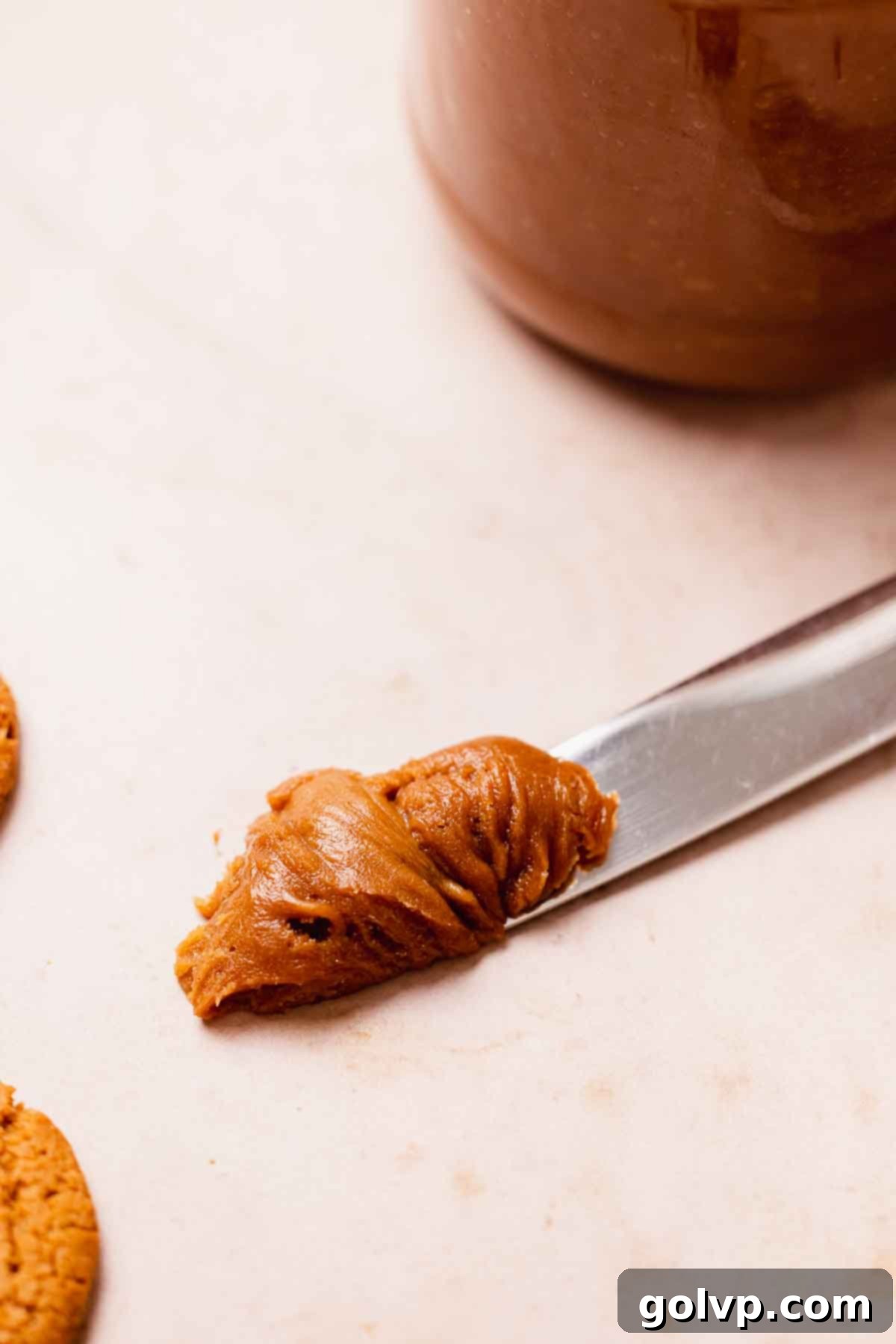 thick homemade cookie butter on knife