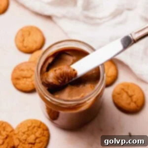 homemade creamy cookie butter spread in jar with a knife