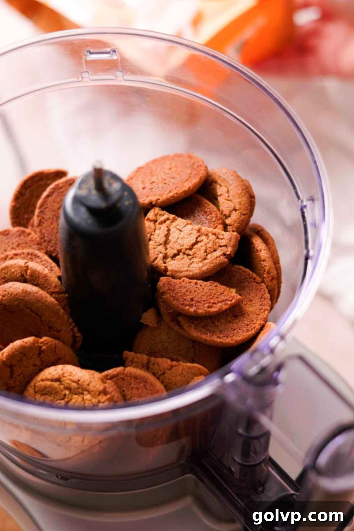 swedish gingersnap cookies in food processor ready to blend