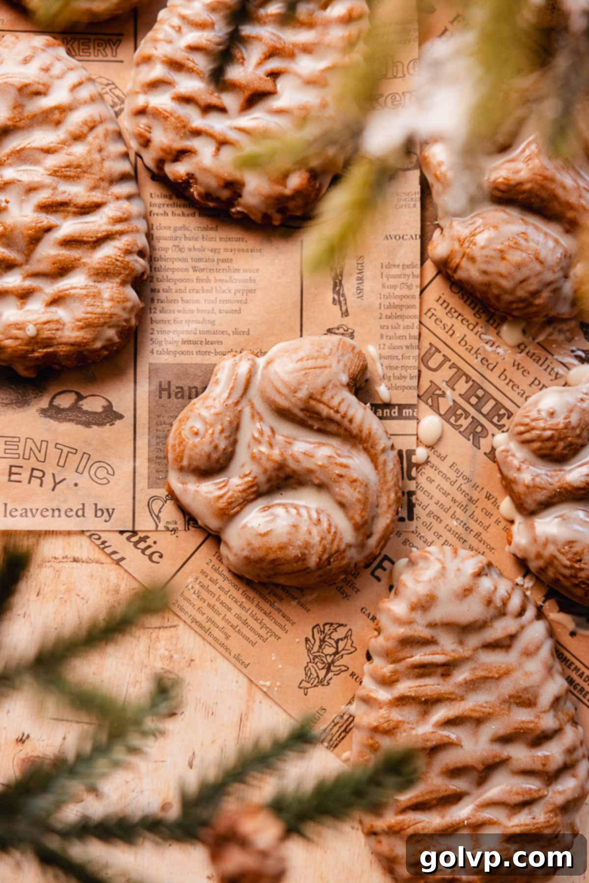molded and glazed squirrel and pinecone shaped gingerbread cookies