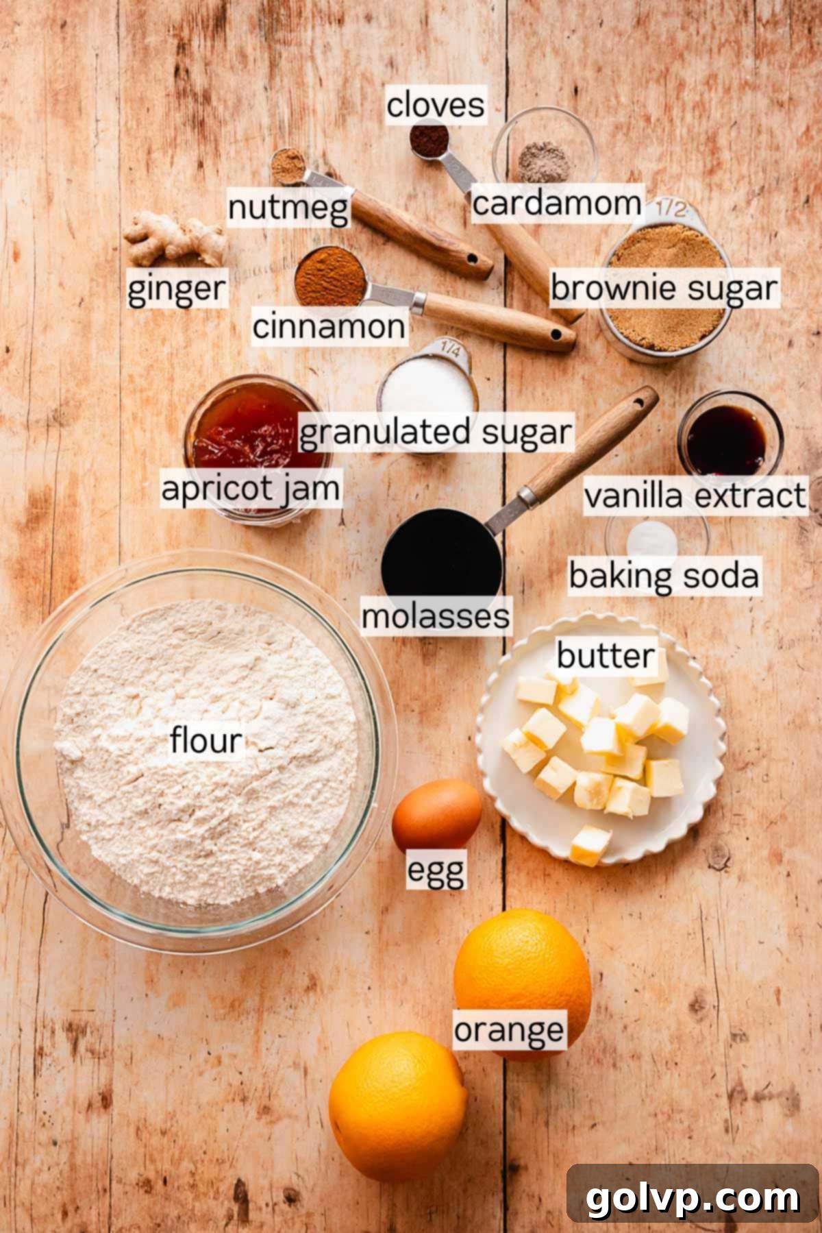 ingredients for molded gingerbread cookies with jam filling in bowls