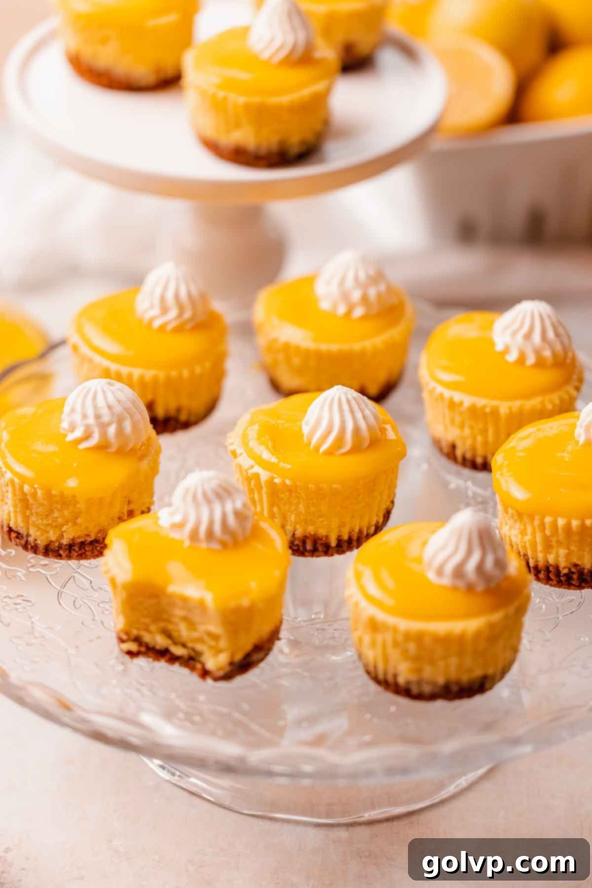 Sunshine Lemon Cheesecakes 2 mini lemon cheesecakes on cake stand