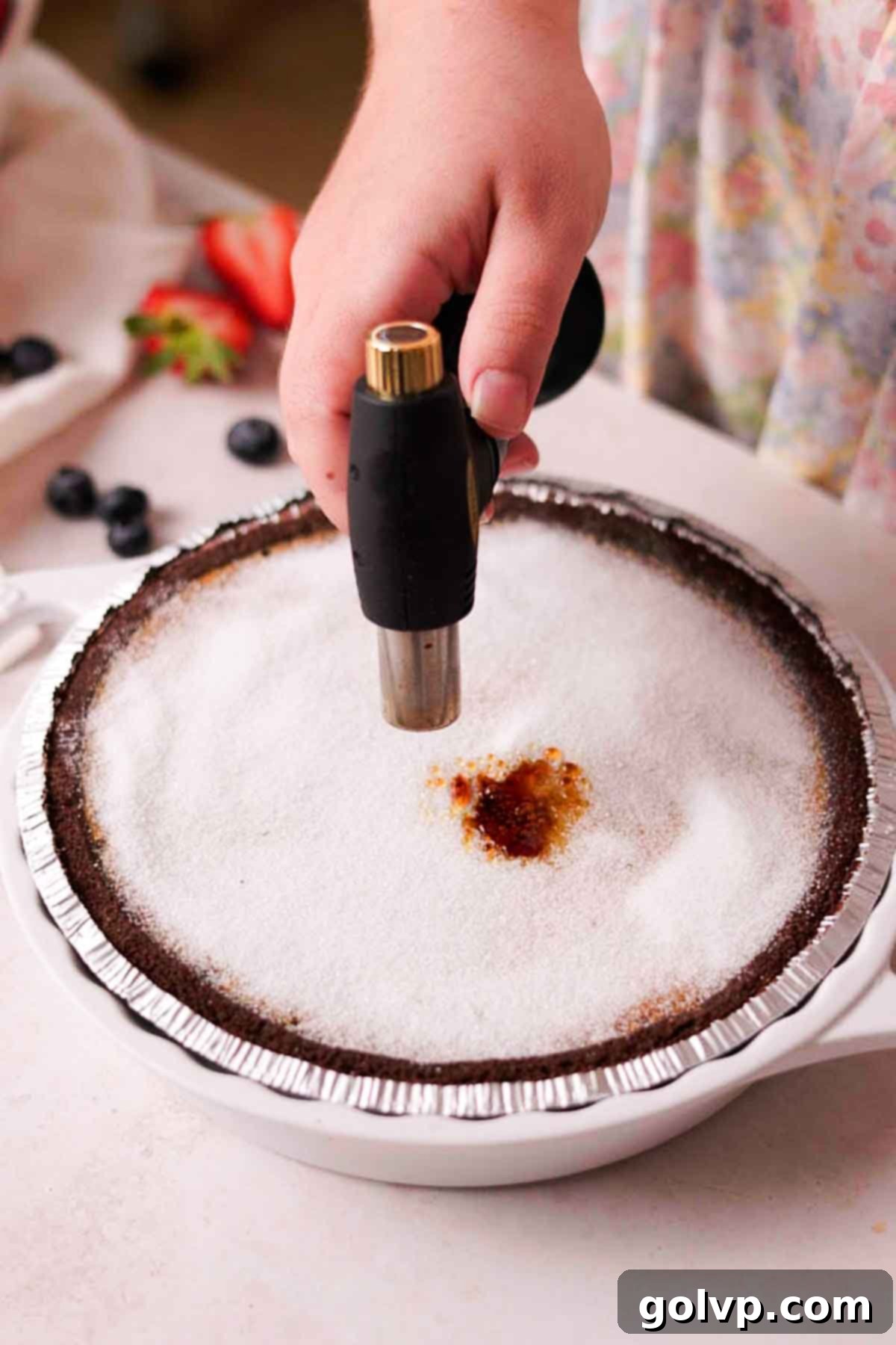 burning the top of a creme brulee pie