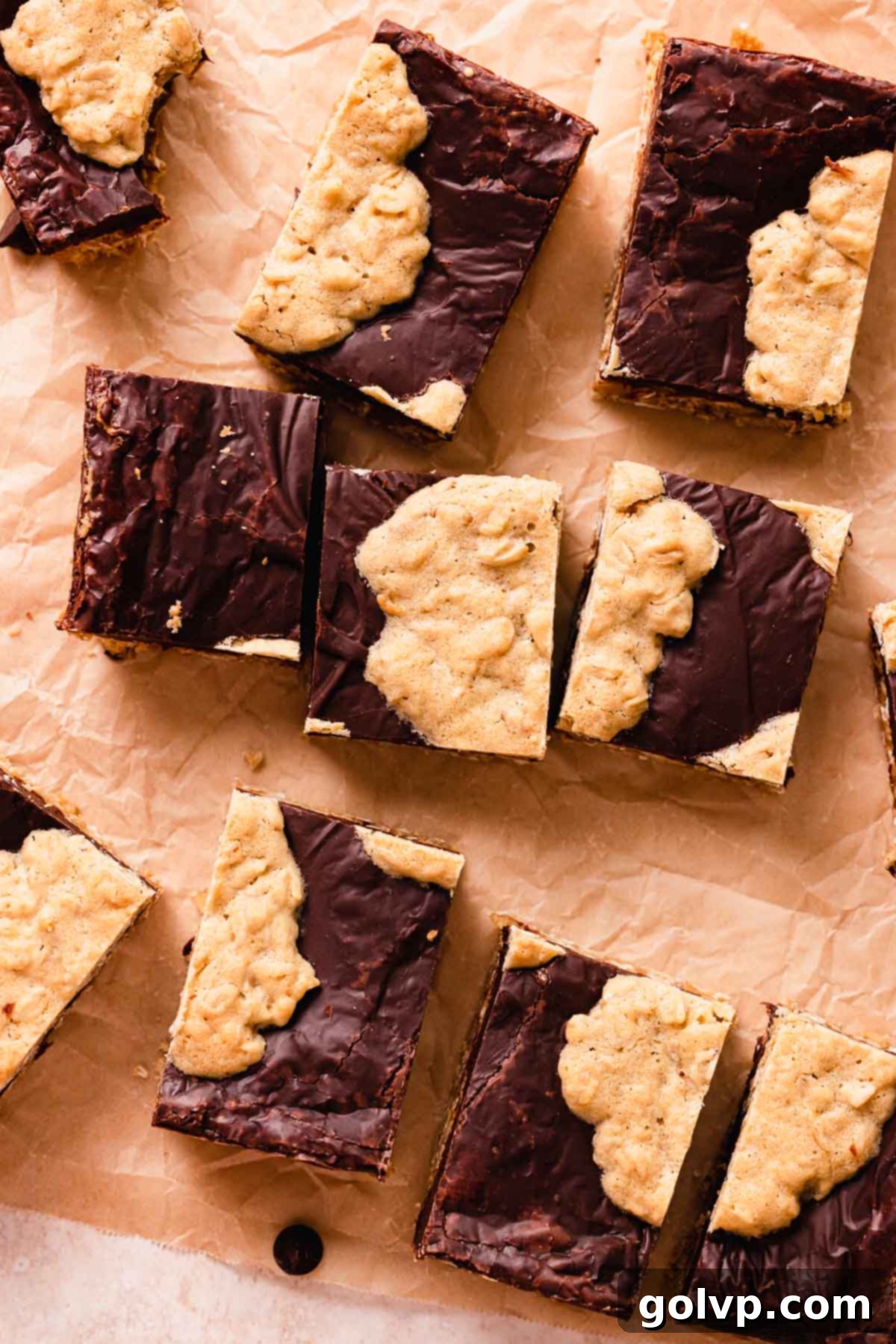 sliced copycat starbucks oatmeal fudge bars on parchment paper