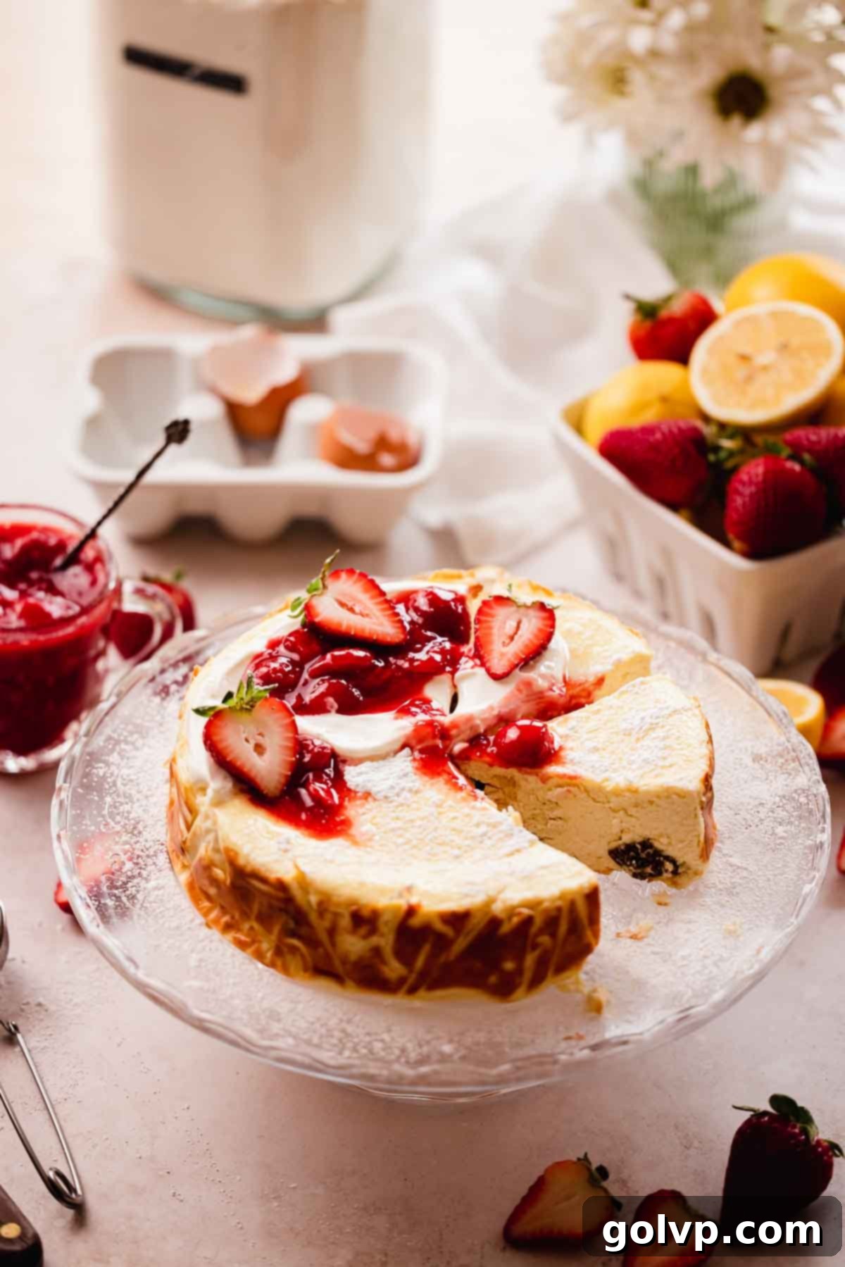 cottage cheese cheesecake on cake stand with strawberry jam and sour cream
