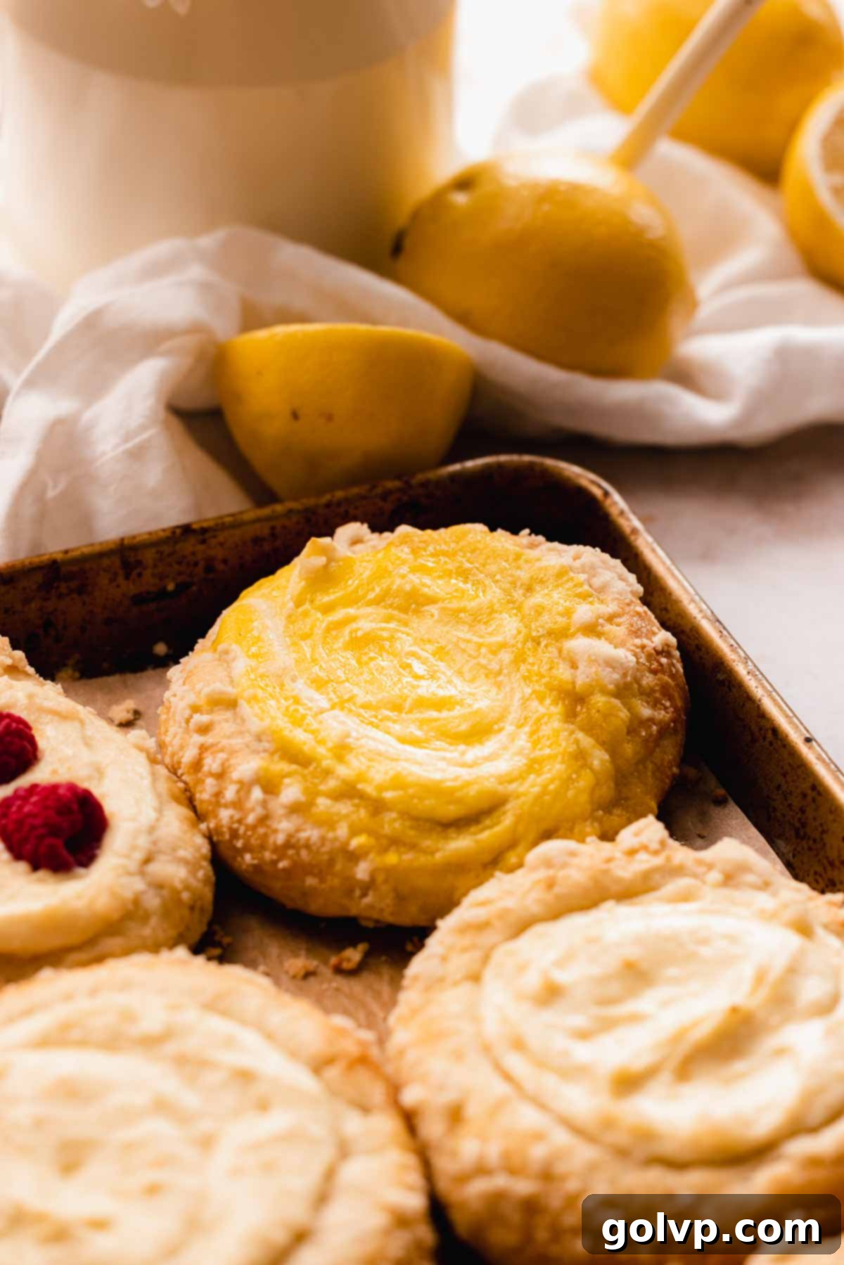 vatrushka swirled with lemon curd on baking sheet