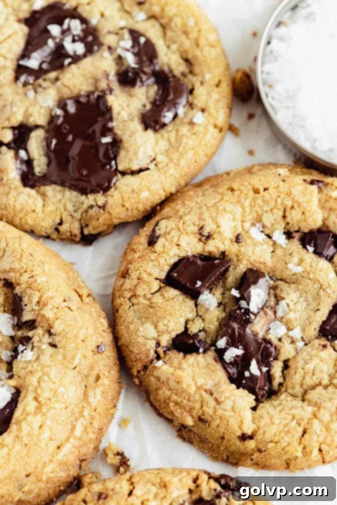 freshly baked brown butter chocolate chip cookies with flaky salt