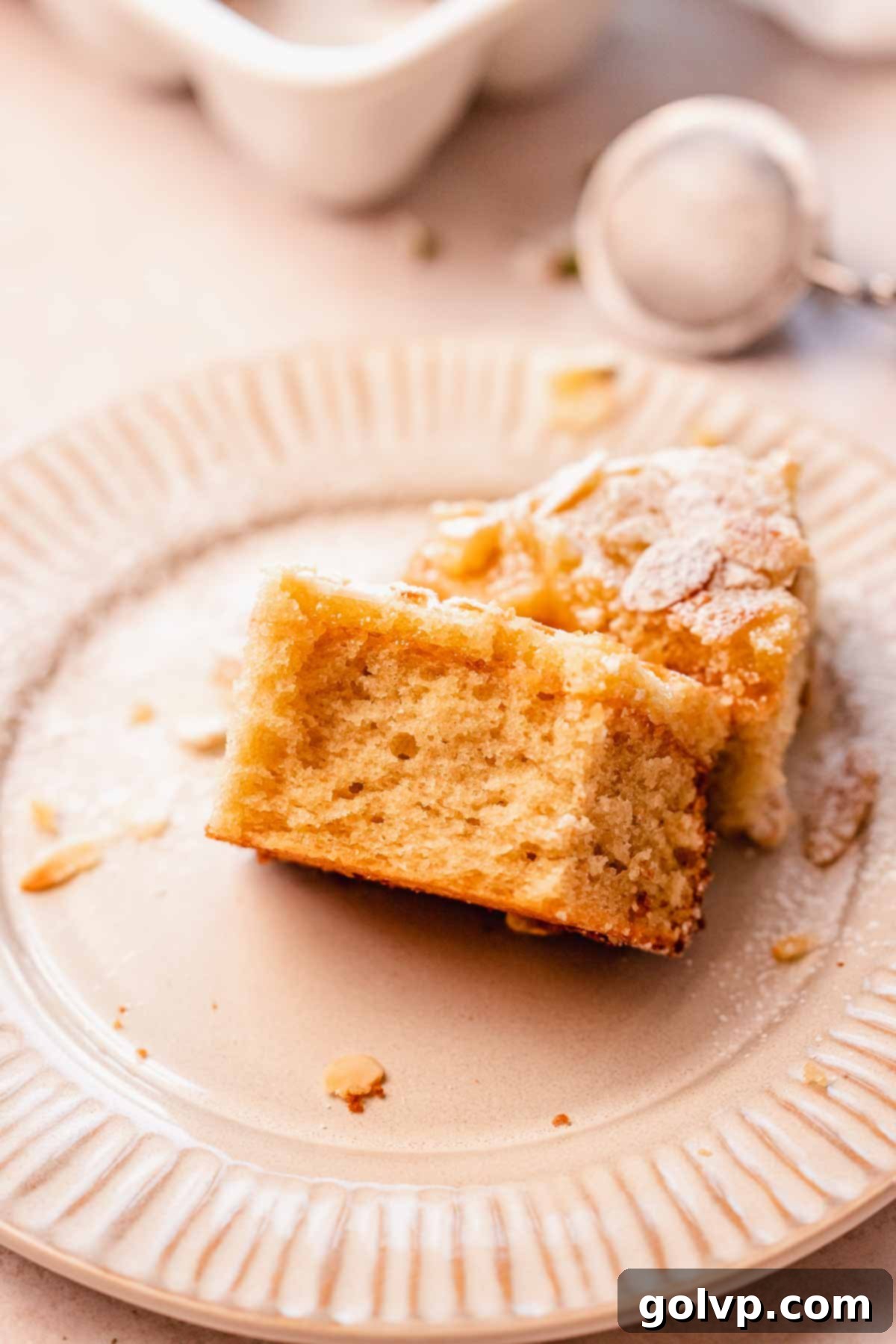 Double Almond Gooey Coffee Cake 3 closeup of almond coffee cake texture on a plate