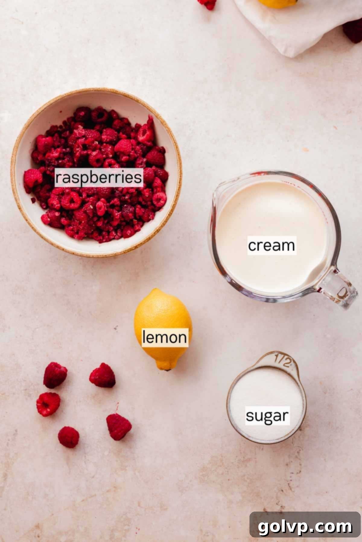 raspberry posset ingredients in bowls
