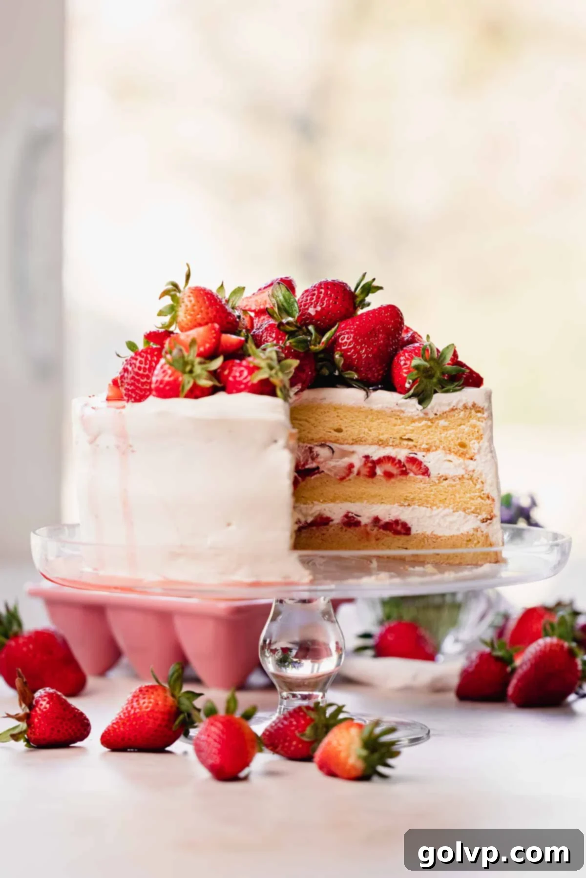 strawberry vanilla cake cut open to reveal strawberries and chiffon cake layers