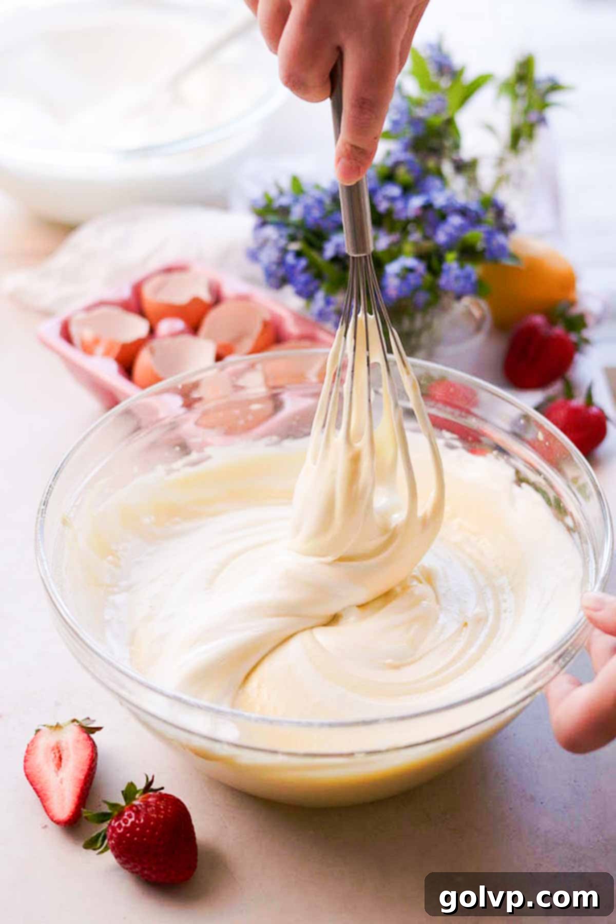 folding whipped egg whites into chiffon batter in a large bowl using a wire whisk