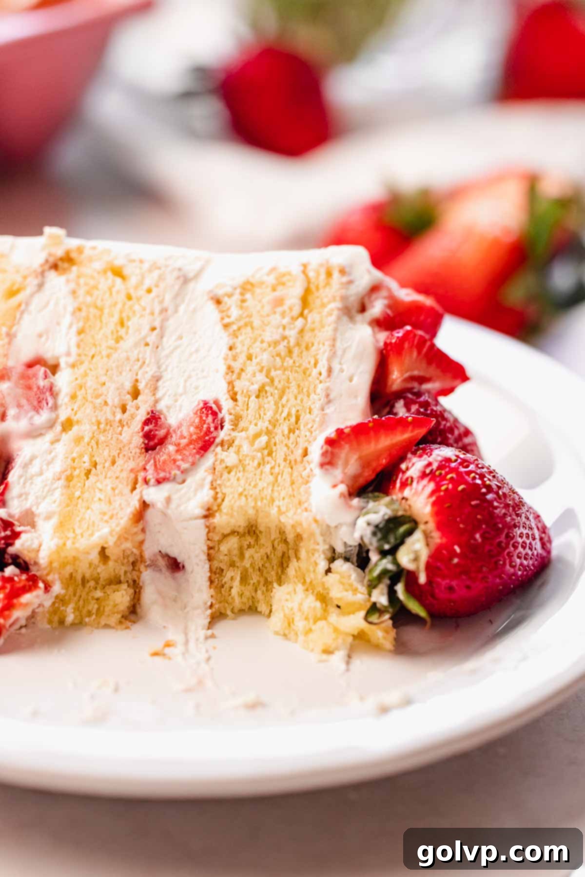 closeup of soft vanilla chiffon cake texture layered with fresh strawberries