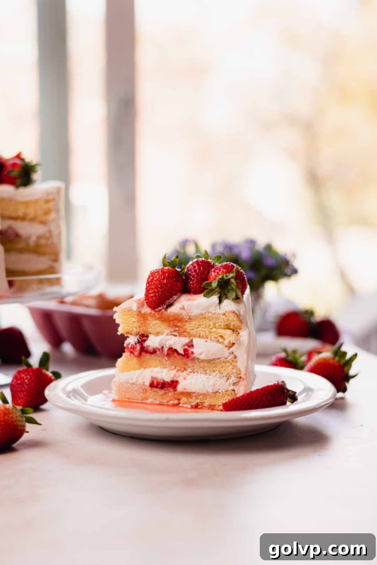 strawberry vanilla cake slice layered with strawberries and cream standing up on a plate