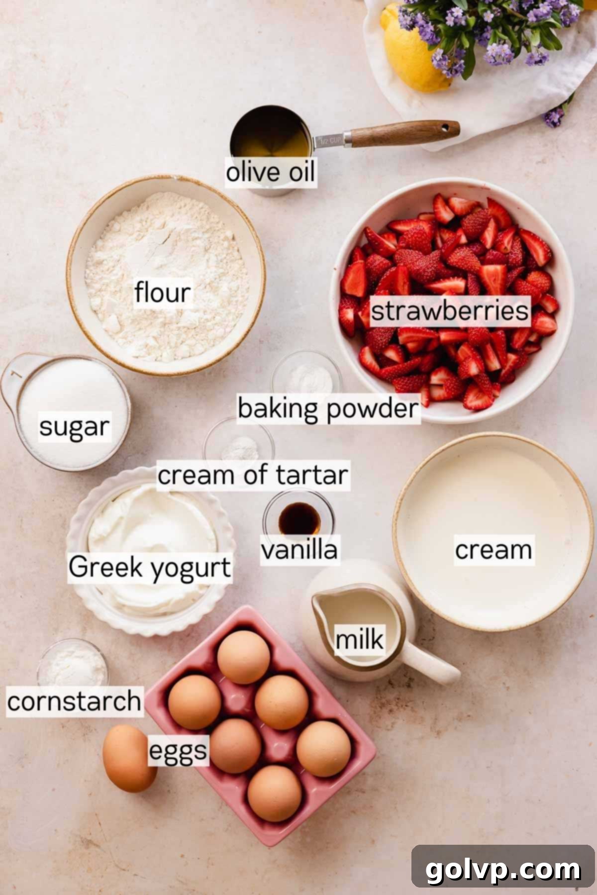 strawberry vanilla cake ingredients in bowls