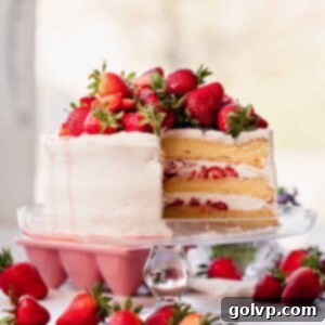 vanilla layered cake filled with white frosting and fresh strawberries