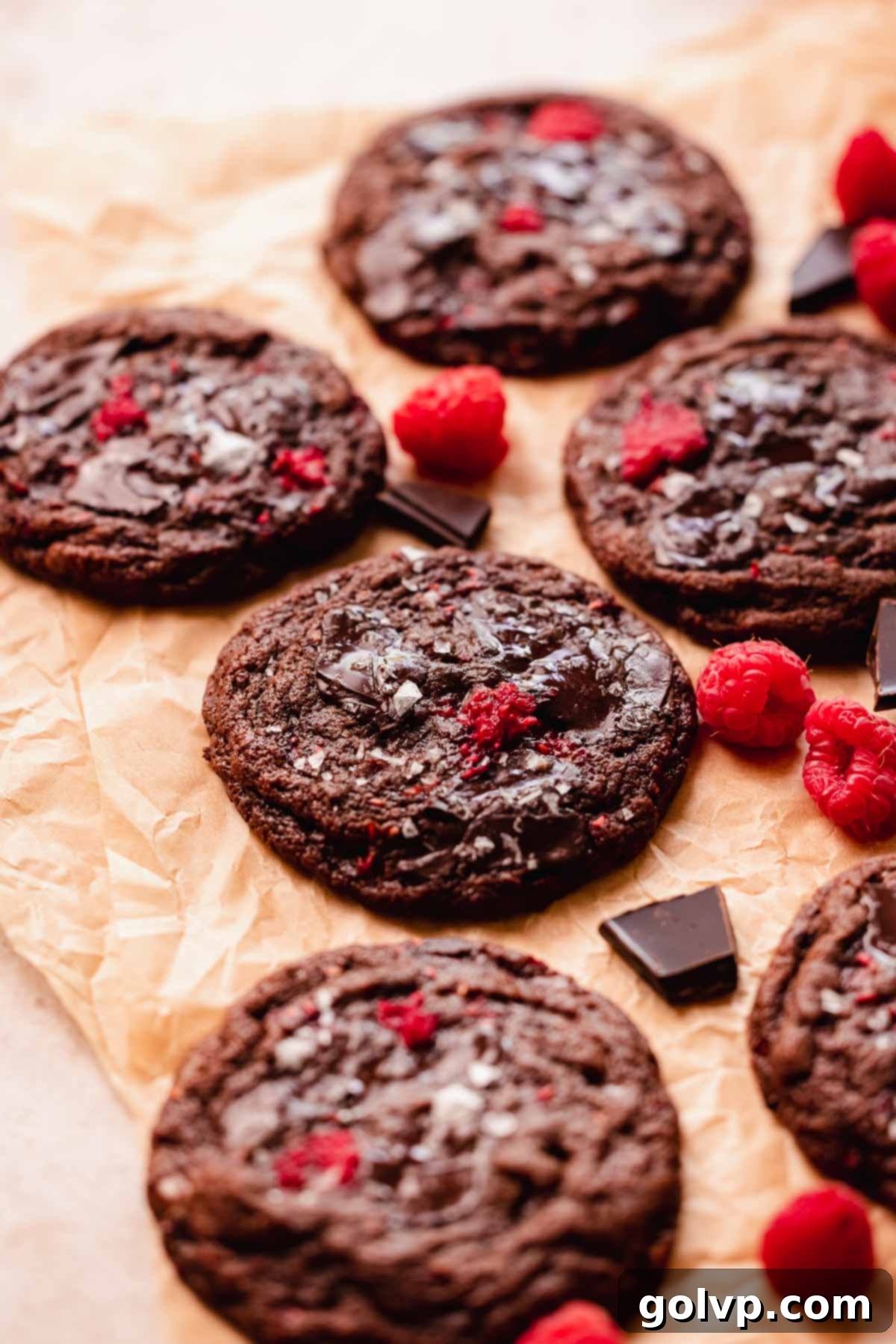 dark chocolate raspberry cookies with melted chocolate on top