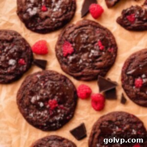 cookies and chocolate chunks with fresh raspberry on brown parchment paper