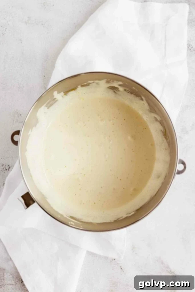 Light and airy whisked eggs and granulated sugar, forming a pale, voluminous batter, essential for a fluffy Sharlotka sponge.