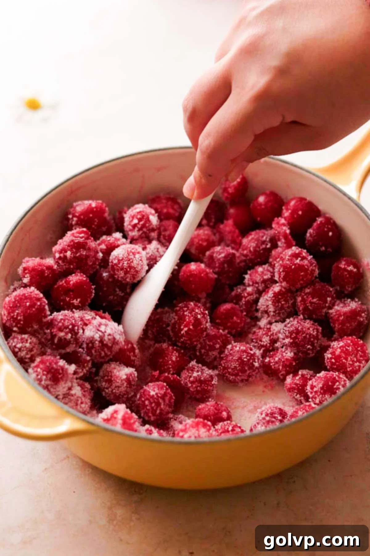 stirring frozen cherries and sugar with a spoon in a saucepan