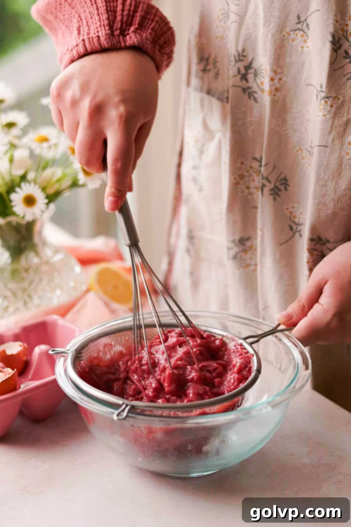 straining cherry curd through a metal sieve with a metal whisk