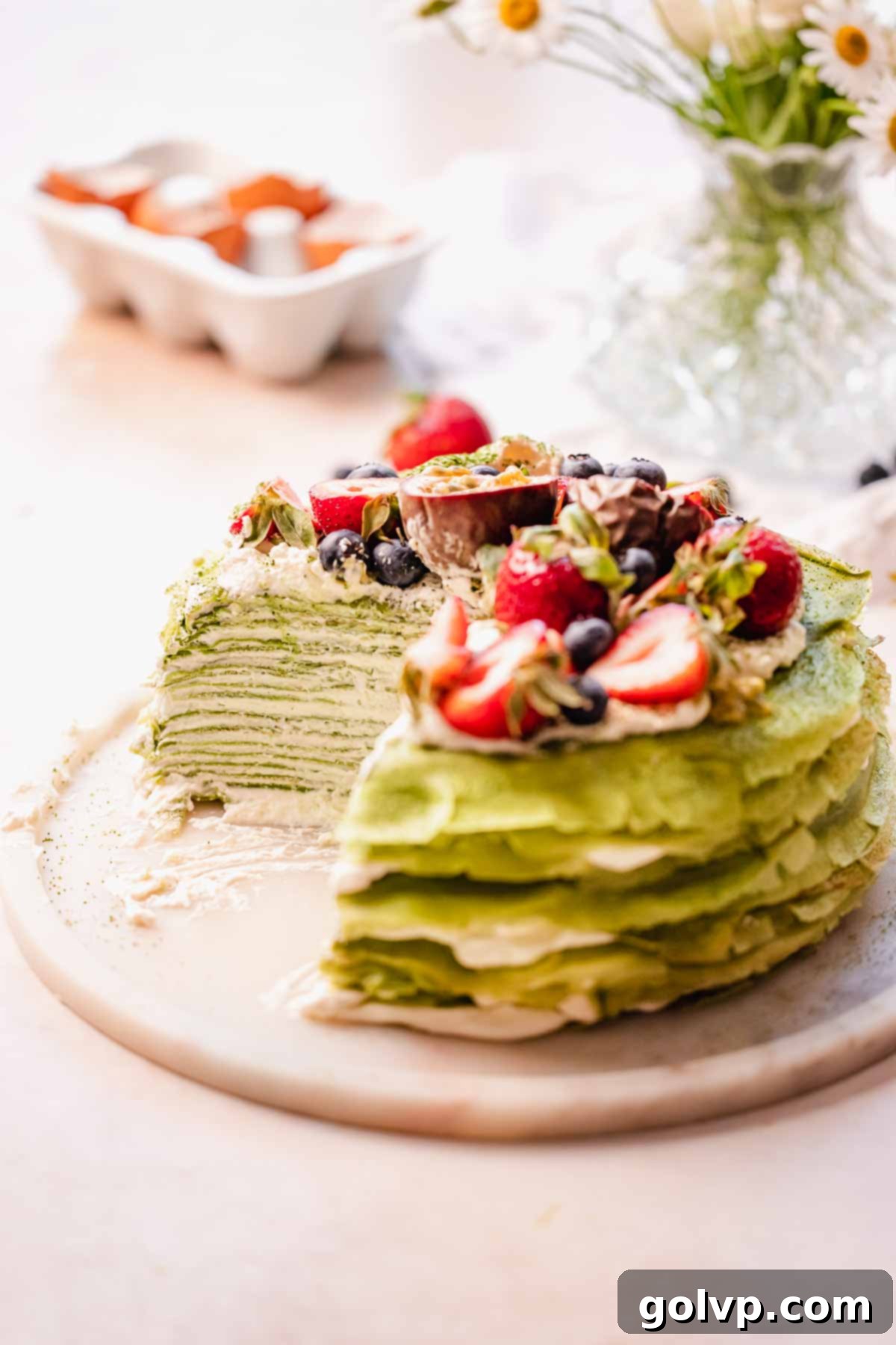 matcha crepe cake on a plate