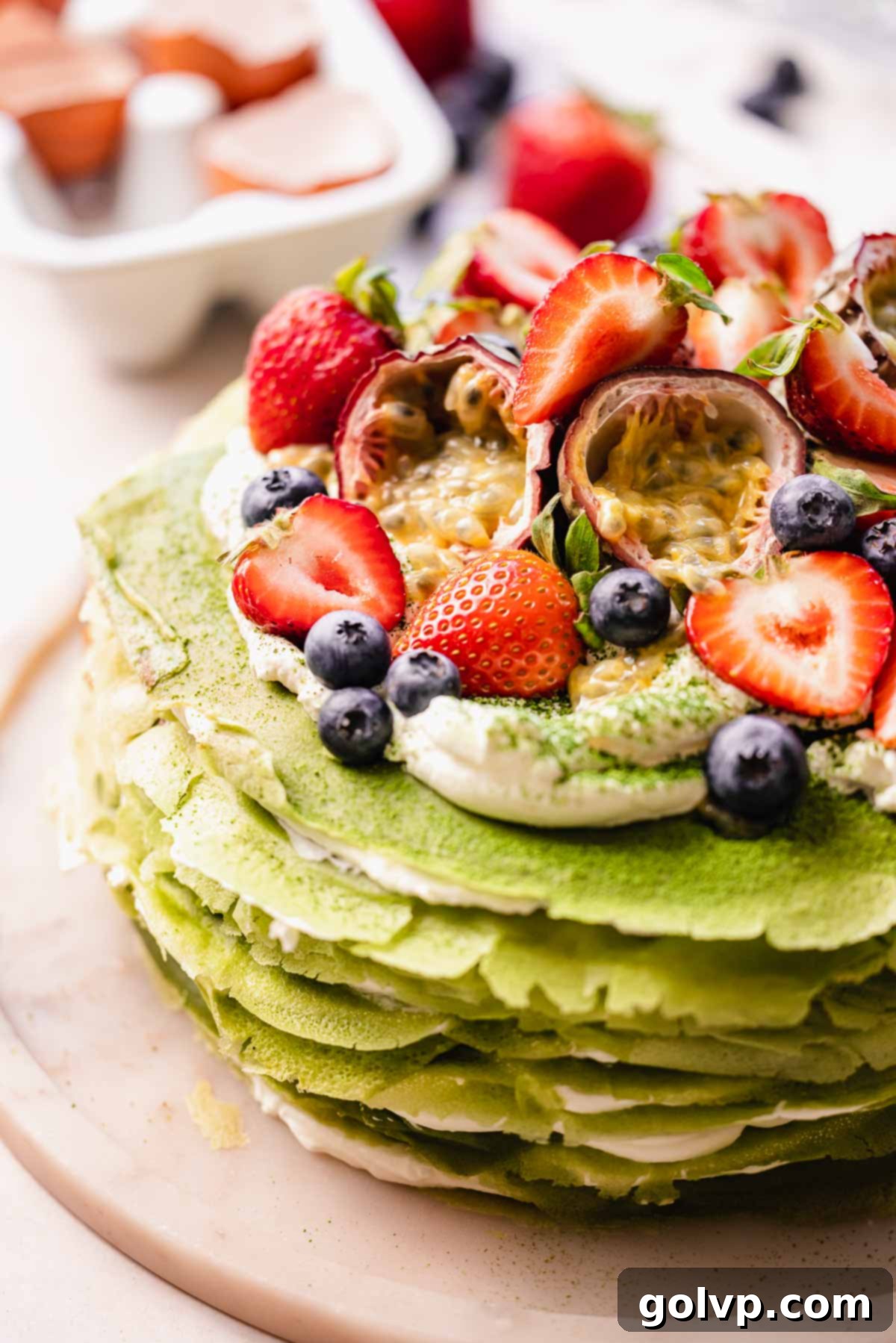 close up of the matcha crepe cake