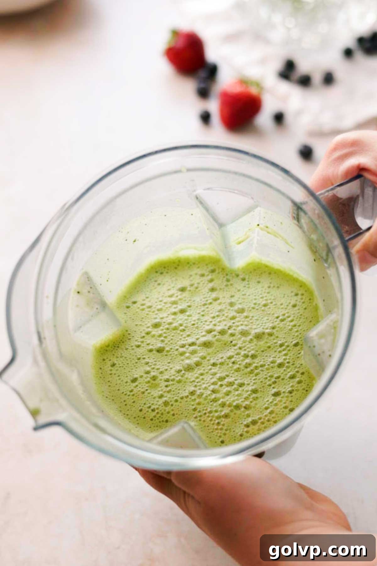matcha crepe batter in a blender