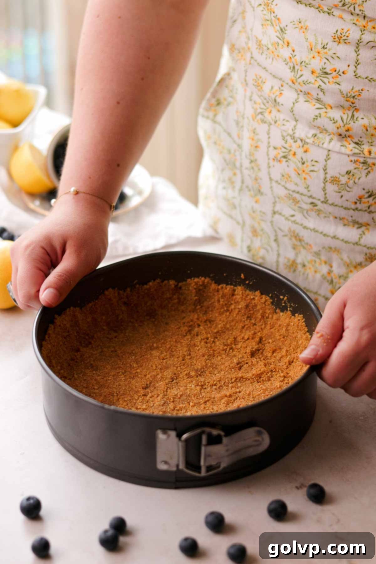 graham cracker crust pressed into the cheesecake baking pan