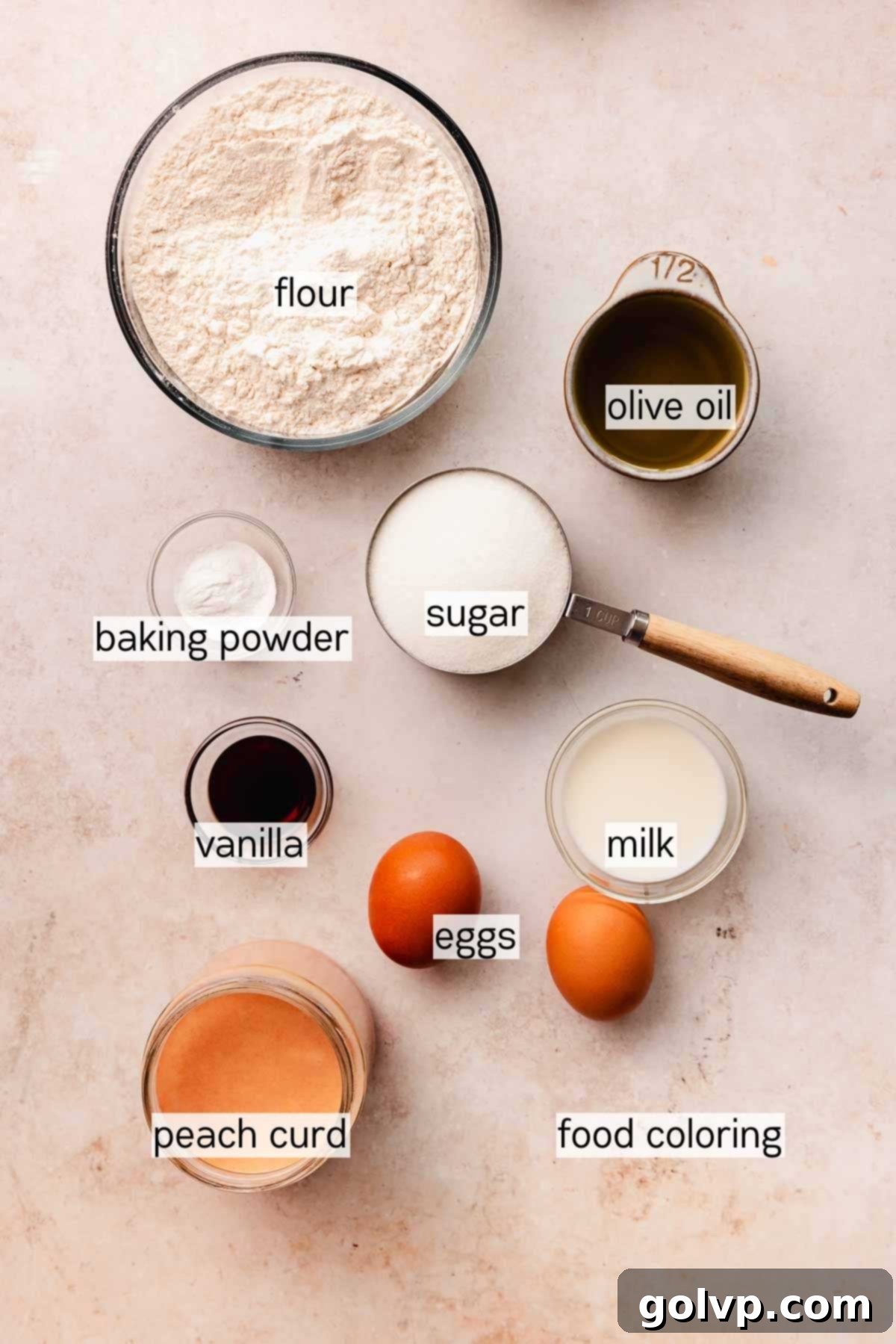 Peach italian cookie ingredients layed out on table in bowls