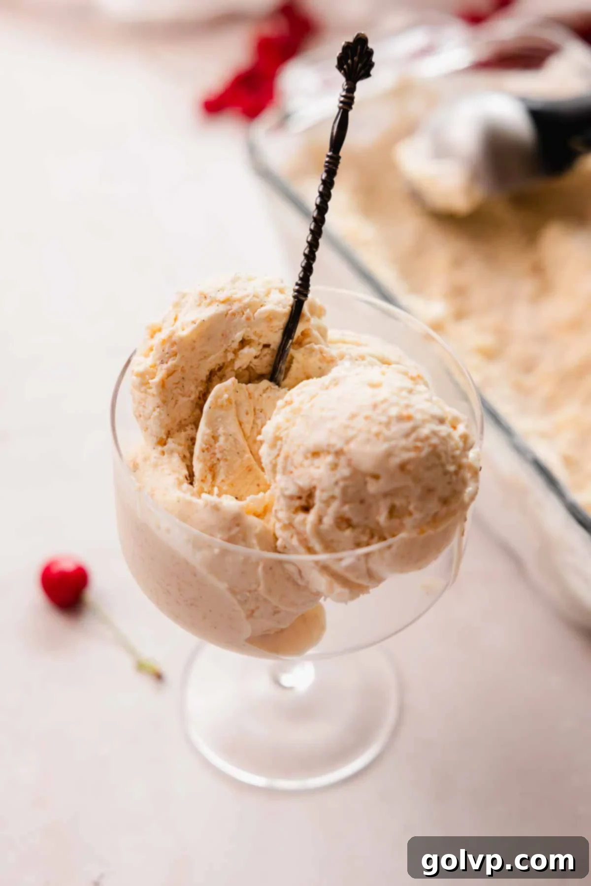 Nutty Brown Butter Ice Cream 11 A close-up shot of creamy brown butter ice cream melting slightly in a elegant glass.