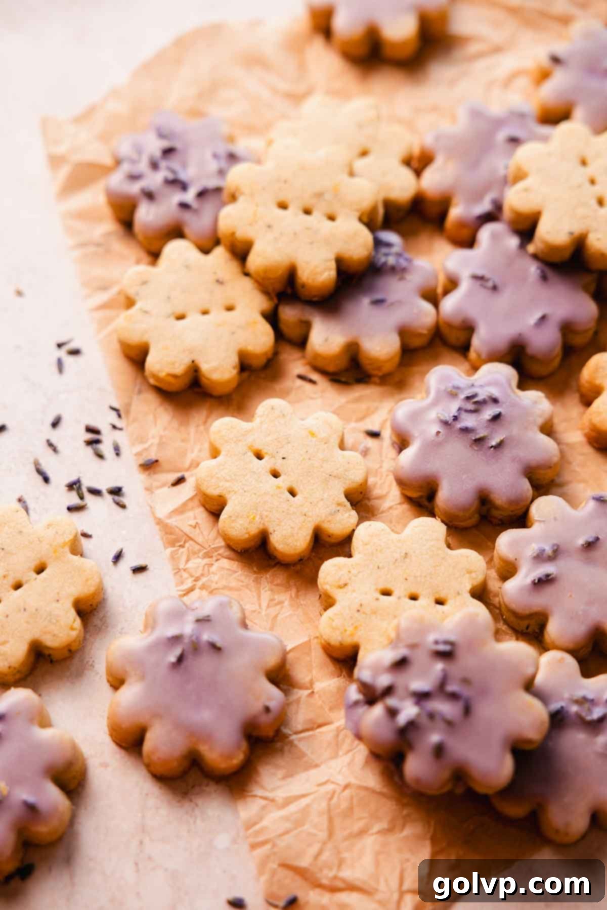 lavender shortbread cookies on parchment paper