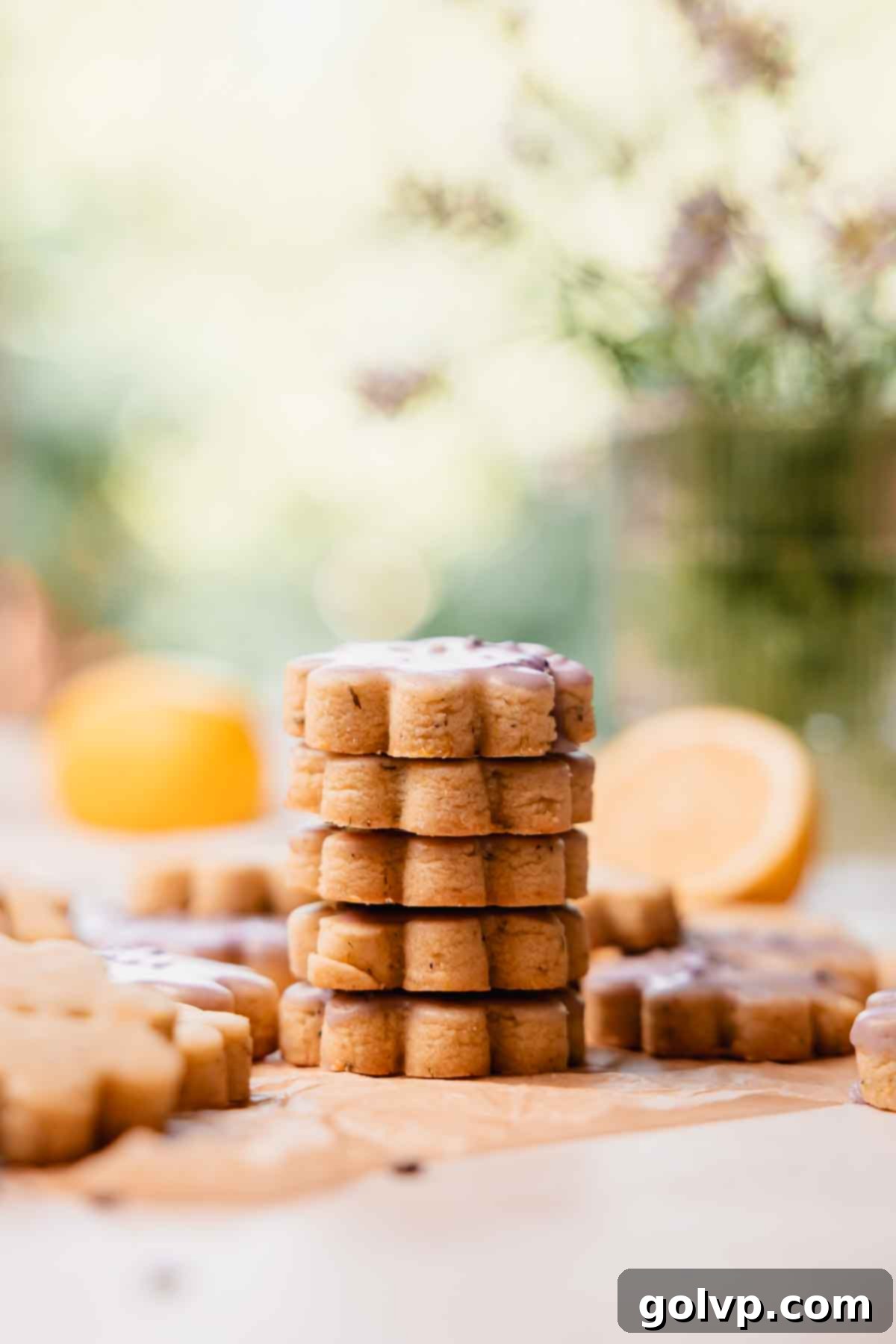 stacked lavender shortbread cookies