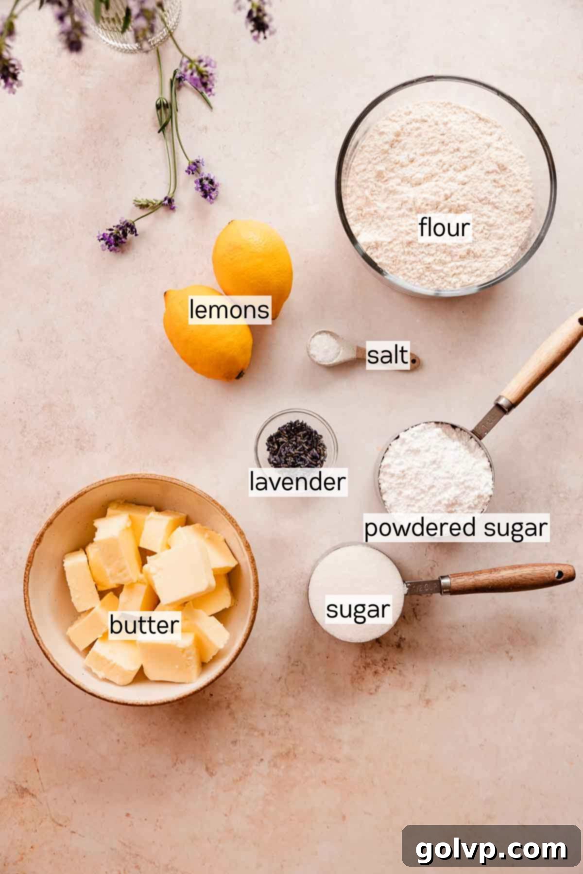 lavender shortbread cookie ingredients in bowls
