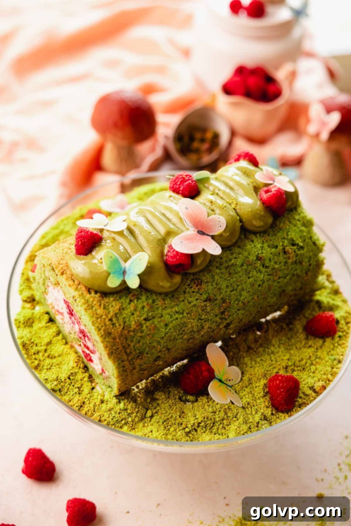 pistachio cake roll with butterflies