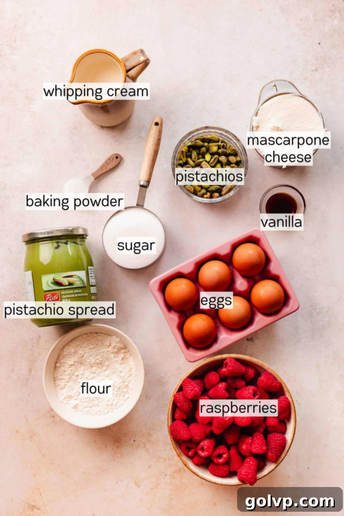 raspberry pistachio cake roll ingredients in bowls