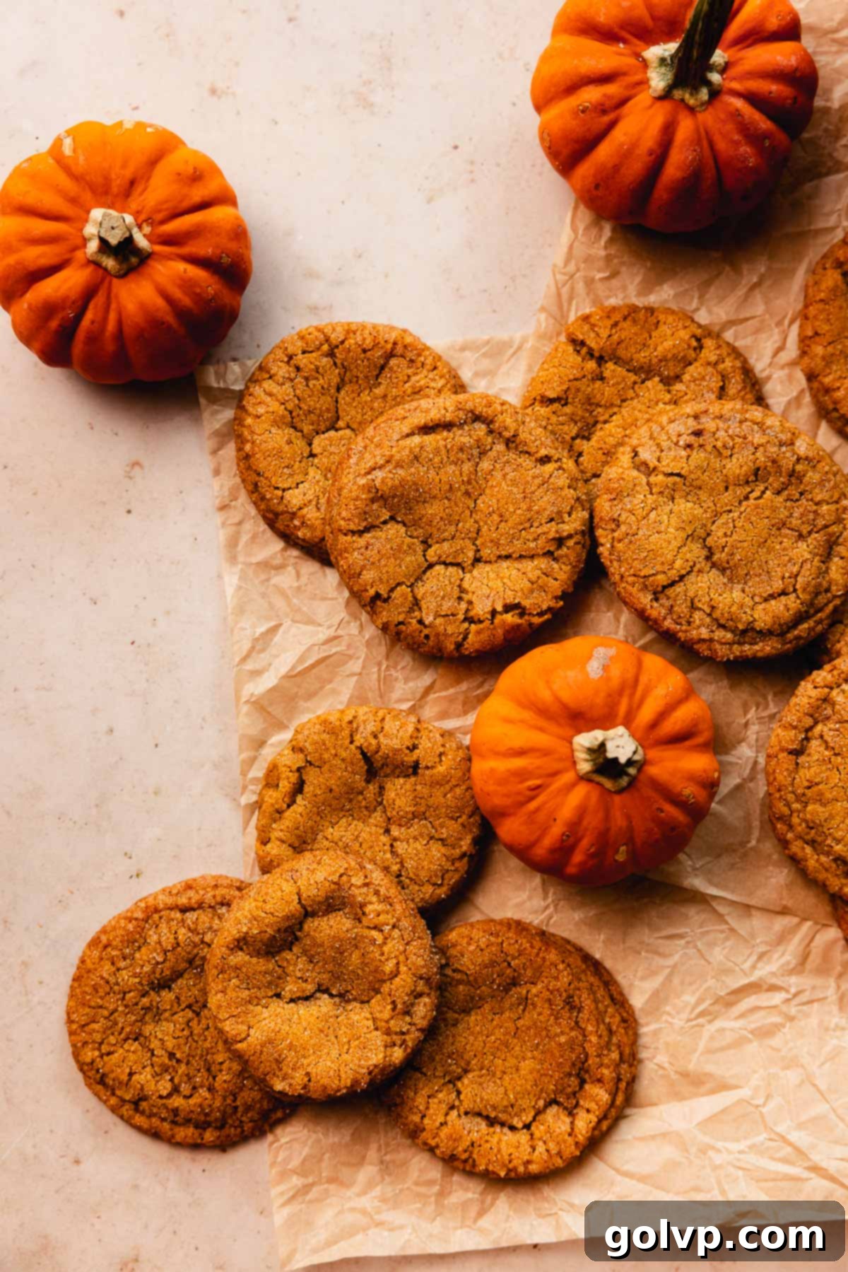 pumpkin spice snickerdoodle cookies on parchment paper