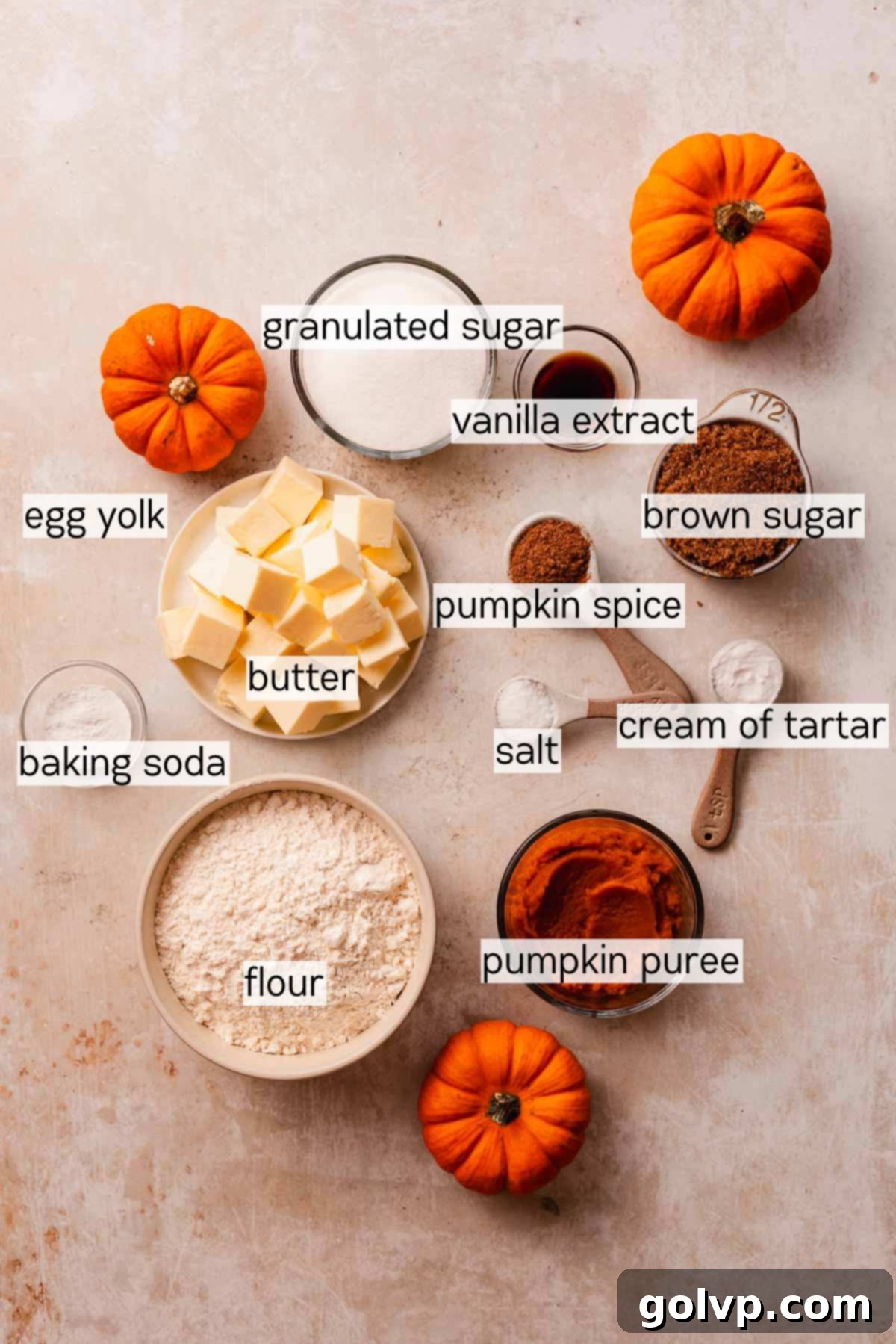 pumpkin spice snickerdoodle cookie ingredients in bowls
