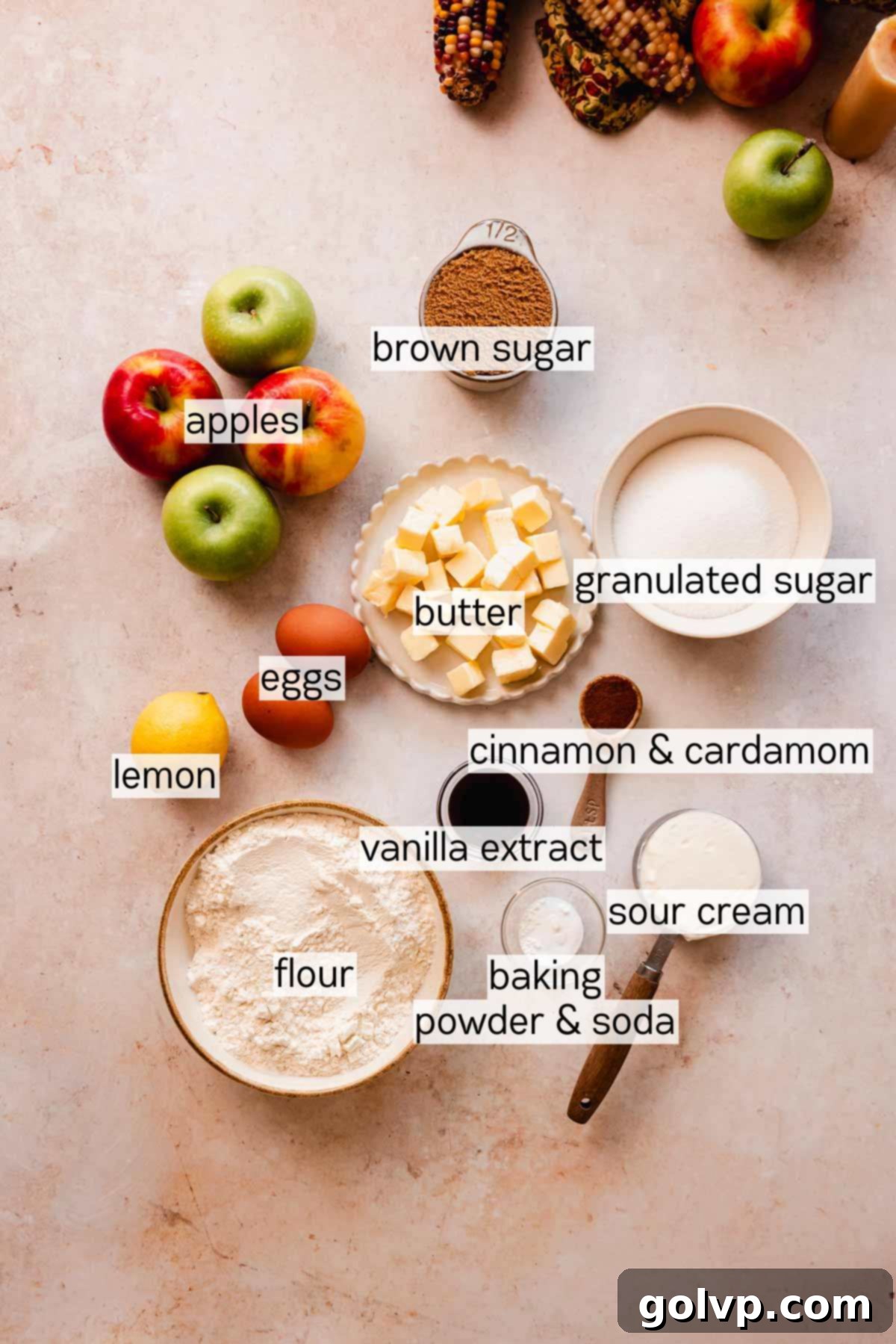 apple fritter cake ingredients in bowls