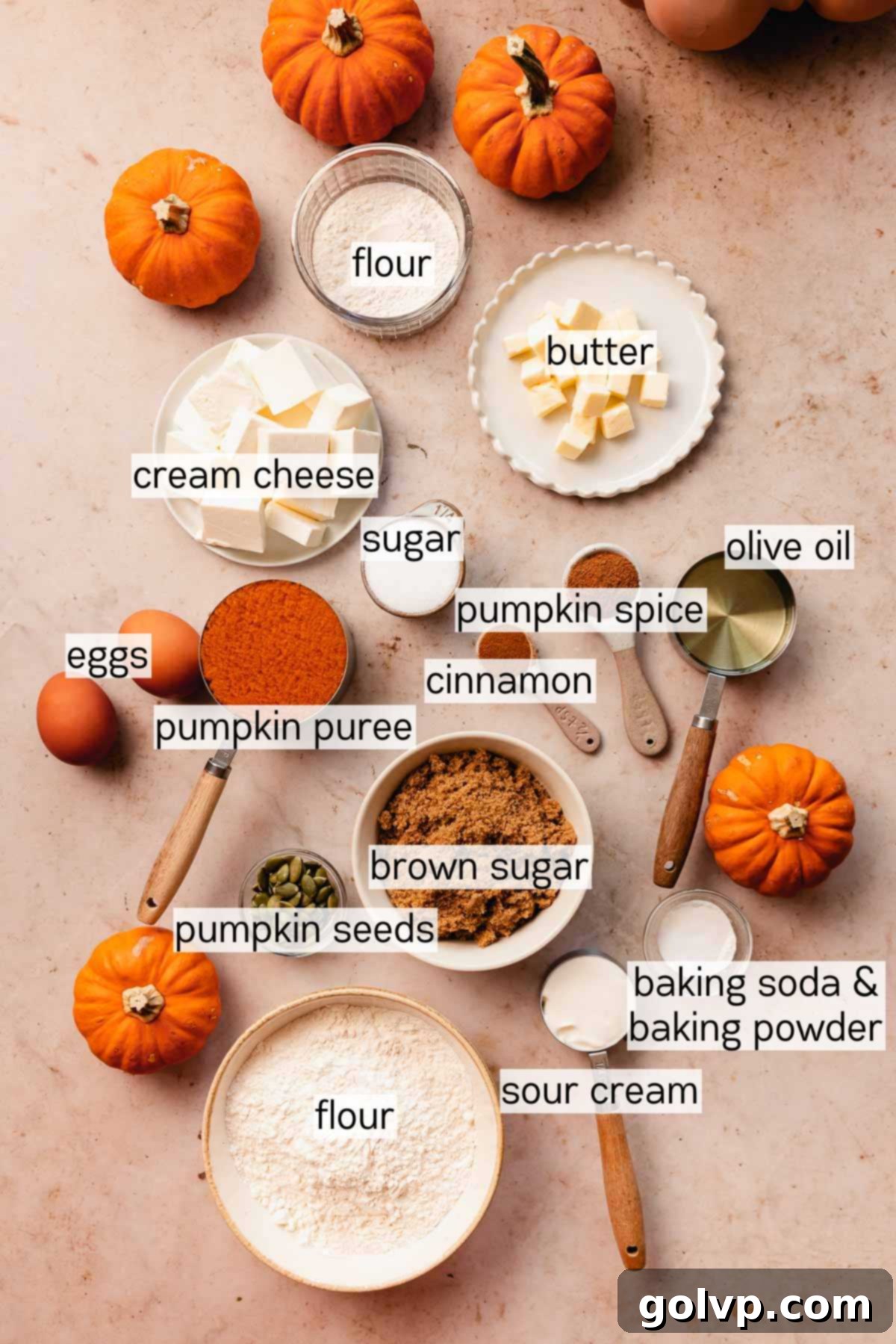 Autumn Pumpkin Streusel Cream Cheese Delight 4 pumpkin cream cheese streusel bread ingredients in bowls